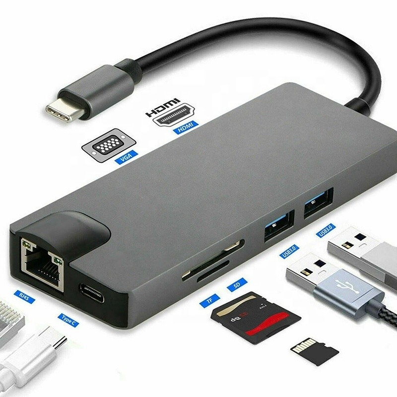 8 en 1 Hub USB C Type-C Type C 3.1 à 4K HDMI HDTV RJ45 Lan Ethernet PD USB3.0 Adaptateur Hub