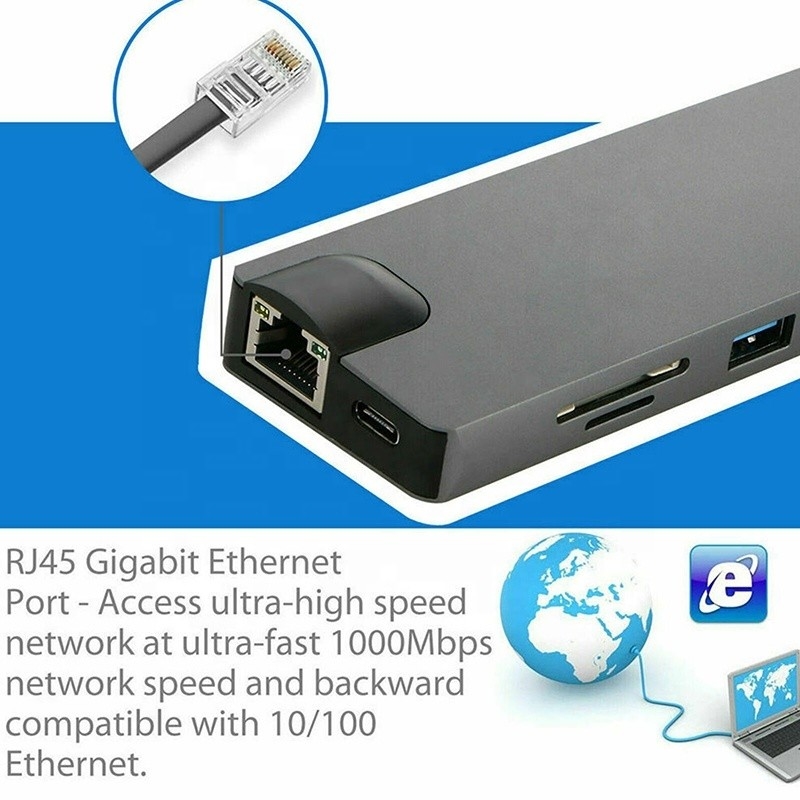 8 en 1 Hub USB C Type-C Type C 3.1 à 4K HDMI HDTV RJ45 Lan Ethernet PD USB3.0 Adaptateur Hub