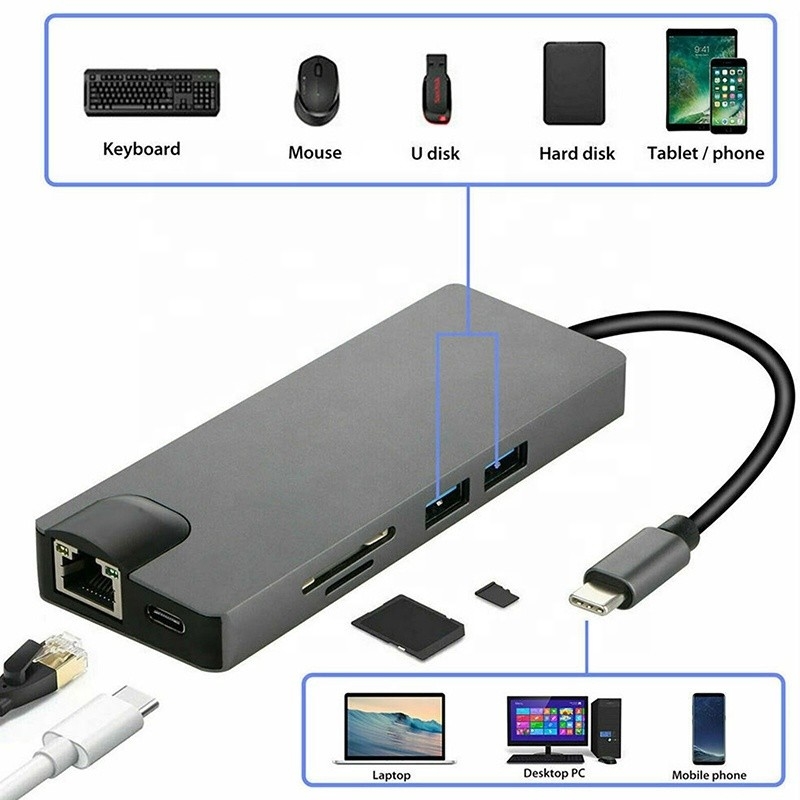8 en 1 Hub USB C Type-C Type C 3.1 à 4K HDMI HDTV RJ45 Lan Ethernet PD USB3.0 Adaptateur Hub