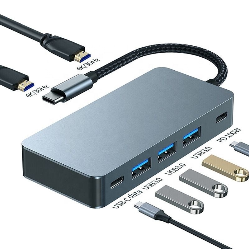 Station d'accueil 4K 30Hz double HDMI USB 3.0 Adaptateur 7 en 1 Multiport USB C Type C Hub