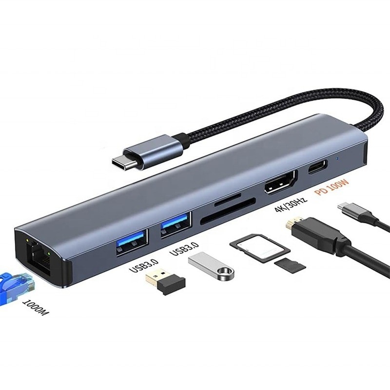 Grise 7 en 1 Hub USB C de type C avec 1000M RJ45 Gigabit Ethernet 4K HDMI PD 100W Adaptateur