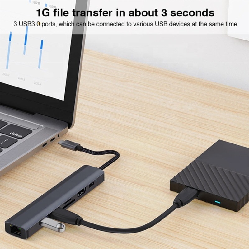 Grise 7 en 1 Hub USB C de type C avec 1000M RJ45 Gigabit Ethernet 4K HDMI PD 100W Adaptateur