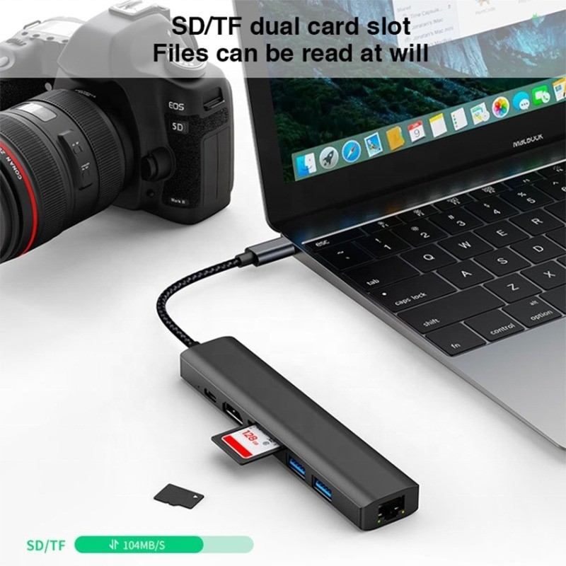 Grise 7 en 1 Hub USB C de type C avec 1000M RJ45 Gigabit Ethernet 4K HDMI PD 100W Adaptateur