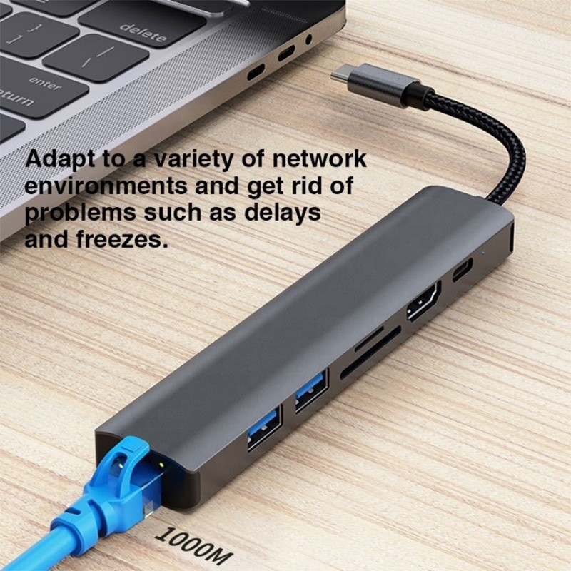 Grise 7 en 1 Hub USB C de type C avec 1000M RJ45 Gigabit Ethernet 4K HDMI PD 100W Adaptateur