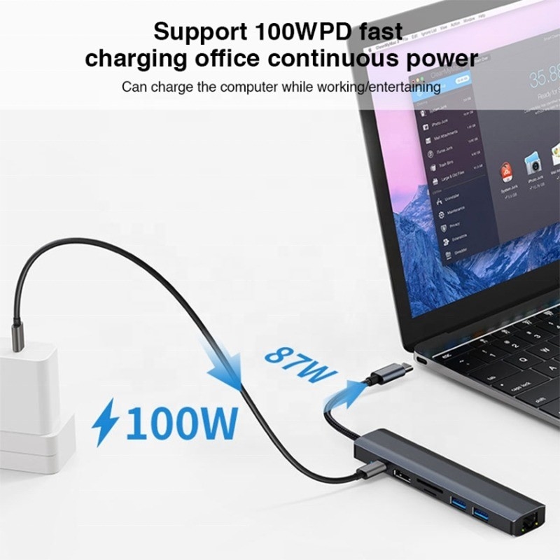 Grise 7 en 1 Hub USB C de type C avec 1000M RJ45 Gigabit Ethernet 4K HDMI PD 100W Adaptateur
