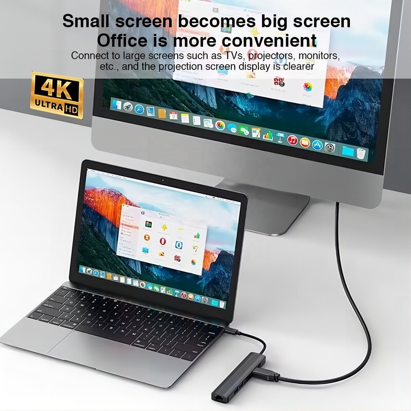 Grise 7 en 1 Hub USB C de type C avec 1000M RJ45 Gigabit Ethernet 4K HDMI PD 100W Adaptateur