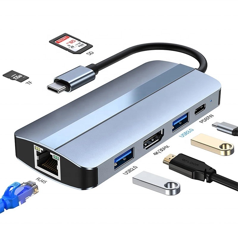 7 en 1 USB C Hub USB-C Pour Macbook Gris HDMI USB 3.0 USB2.0 RJ45 Lecteur de carte SD/TF Sortie PD