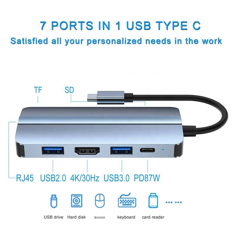 7 en 1 USB C Hub USB-C Pour Macbook Gris HDMI USB 3.0 USB2.0 RJ45 Lecteur de carte SD/TF Sortie PD