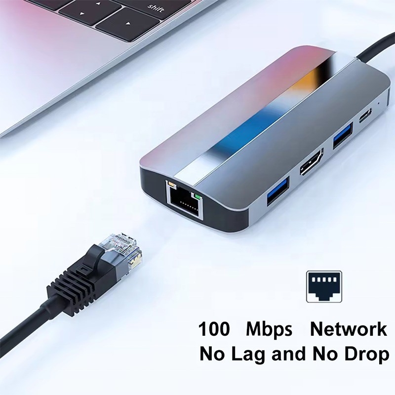7 en 1 USB C Hub USB-C Pour Macbook Gris HDMI USB 3.0 USB2.0 RJ45 Lecteur de carte SD/TF Sortie PD