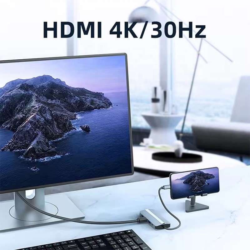 7 en 1 USB C Hub USB-C Pour Macbook Gris HDMI USB 3.0 USB2.0 RJ45 Lecteur de carte SD/TF Sortie PD