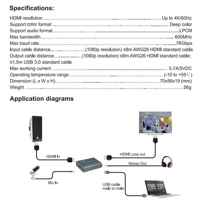 Carte vidéo professionnelle 4K 60Hz HDMI à USB3.0 avec sortie audio et USB 3.0