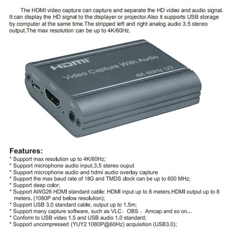 Carte vidéo professionnelle 4K 60Hz HDMI à USB3.0 avec sortie audio et USB 3.0