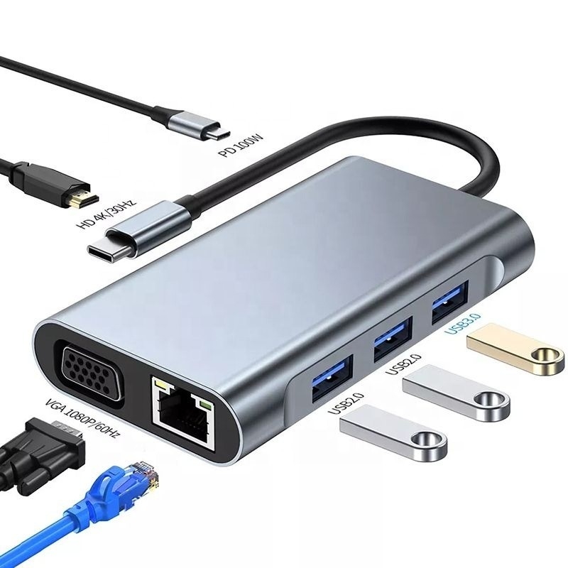 Station d'accueil USB C de type C 7 en 1 avec HDTV HDMI VGA USB RJ45 et transfert rapide de données