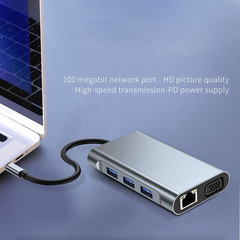 Station d'accueil USB C de type C 7 en 1 avec HDTV HDMI VGA USB RJ45 et transfert rapide de données