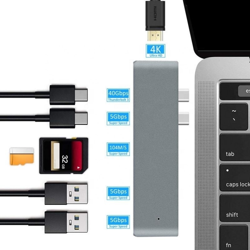 Station d'accueil de moyeu 7-en-2 avec double entrée mâle de type C et type d'interface USB 3.1