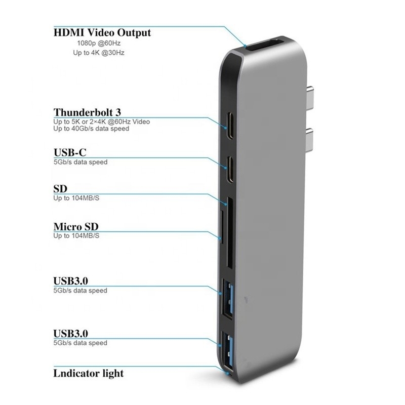 Adaptateur de moyeu de type C de type 6 en 1 avec sortie SD/TF 2*USB3.0 2*USB-C