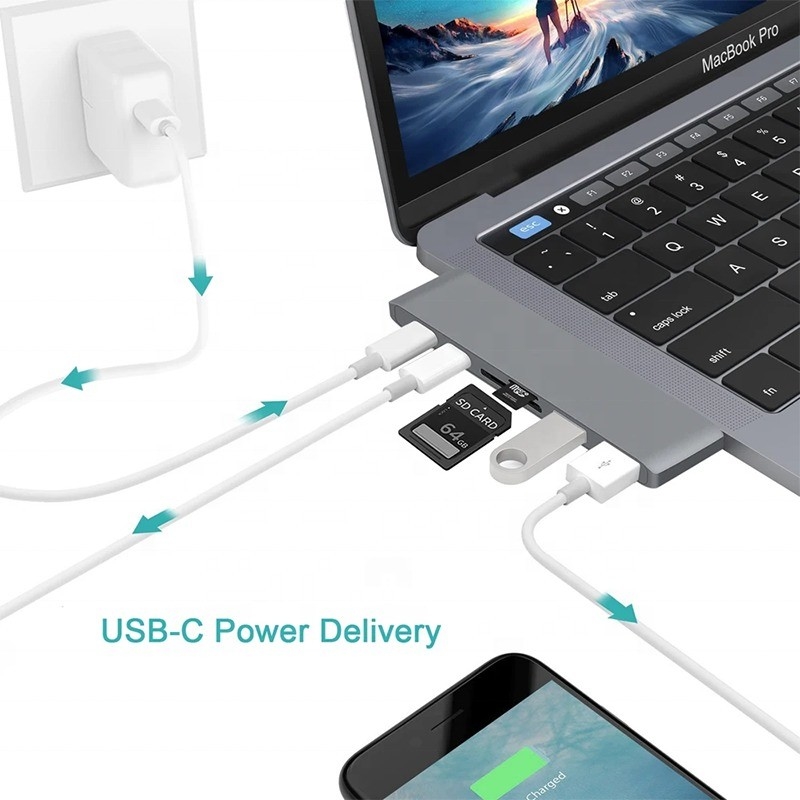 Adaptateur de moyeu de type C de type 6 en 1 avec sortie SD/TF 2*USB3.0 2*USB-C