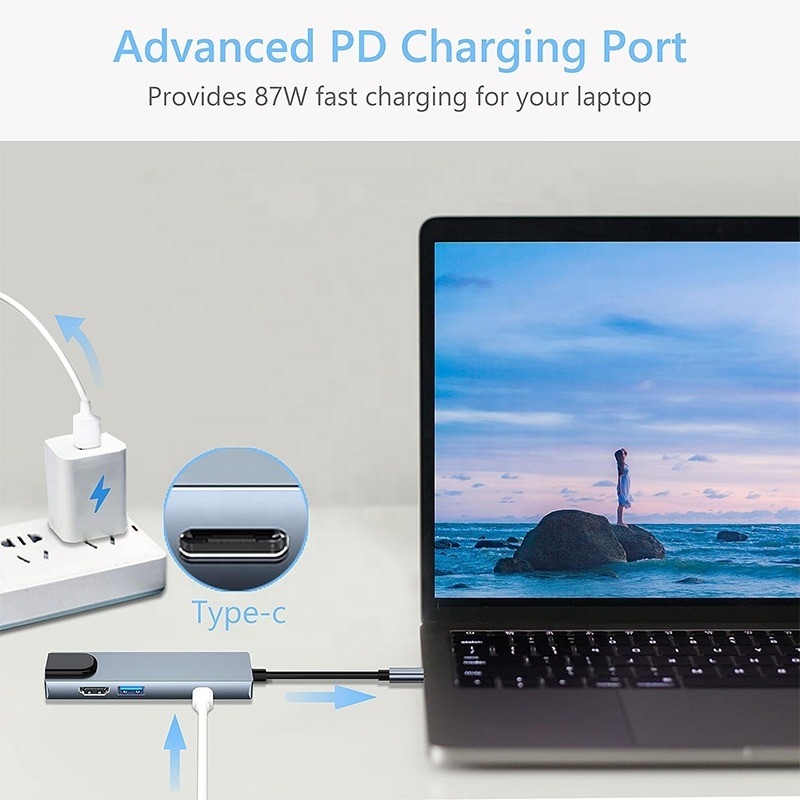Station d'accueil USB C PD grise pour charge de la fonction de charge de l'ordinateur portable Transfert de données Sortie vidéo