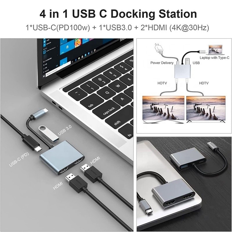 Adaptateur 4 en 1 USB C à double HDMI 4K MST pour la charge, le transfert de données et la sortie vidéo