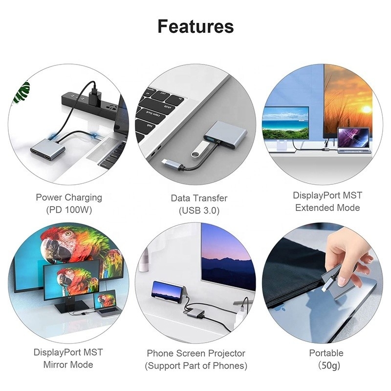 Adaptateur 4 en 1 USB C à double HDMI 4K MST pour la charge, le transfert de données et la sortie vidéo