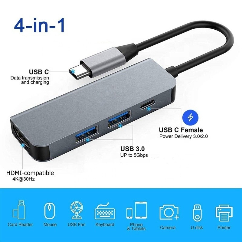 Adaptateur USB-C compatible HDMI 4K avec 2 ports de charge USB3.0 et PD