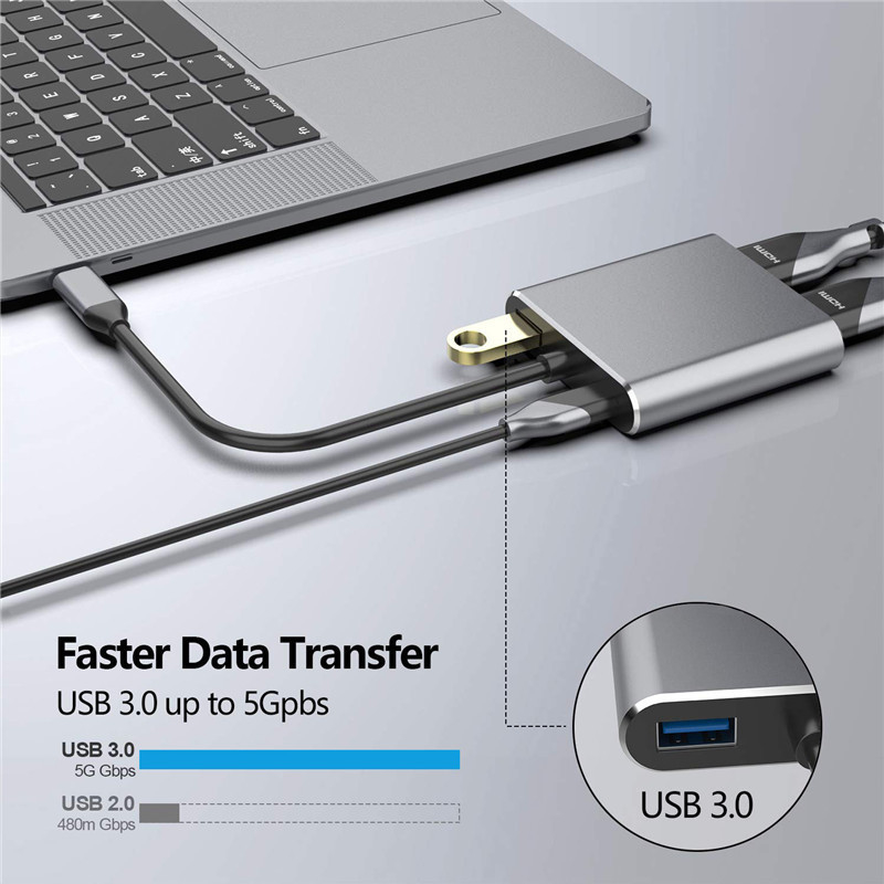 Station d'accueil 4 en 1 avec 2 ports HDMI 4K doubles et adaptateur USB-C de type C à double HDMI