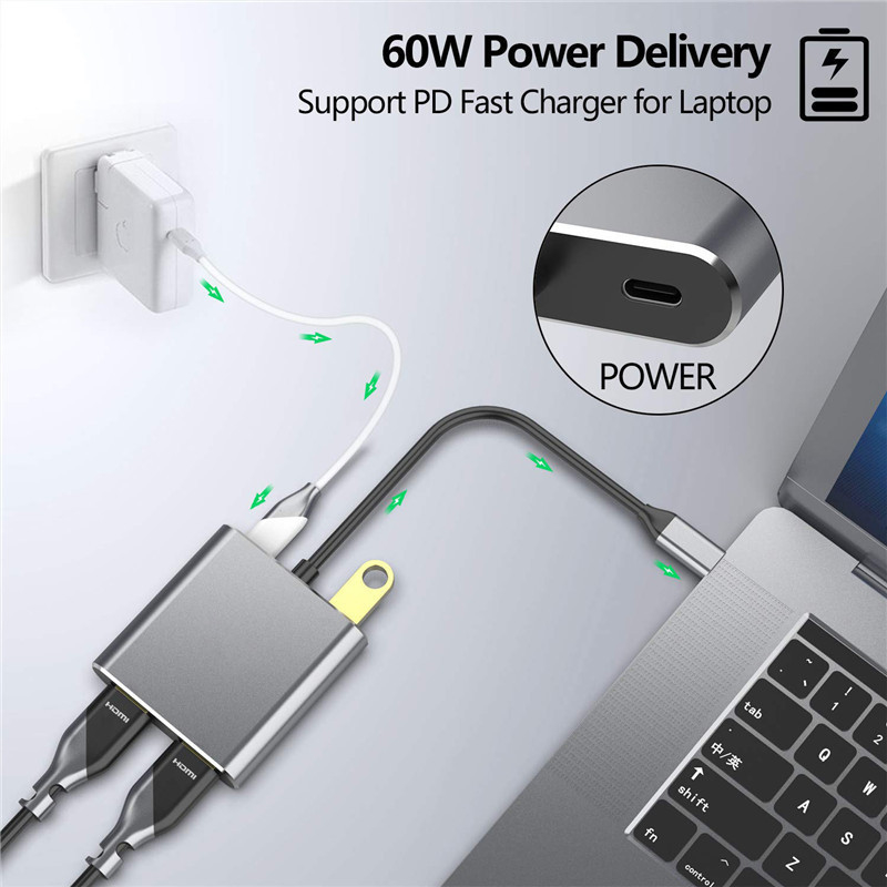 Station d'accueil 4 en 1 avec 2 ports HDMI 4K doubles et adaptateur USB-C de type C à double HDMI