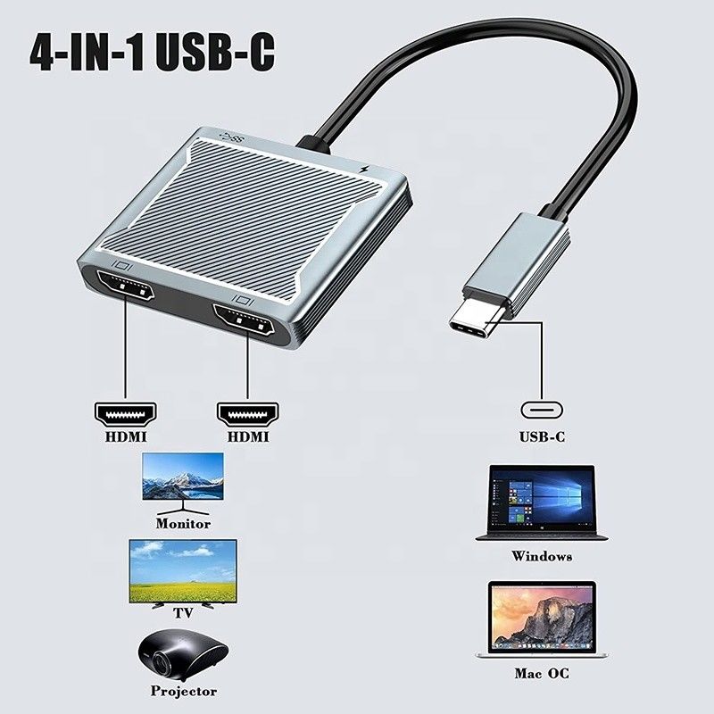 Connecteur d'interface USB C type C Adaptateur HDMI double 4K 4 en 1 Hub USB 3.0 pour ordinateur portable