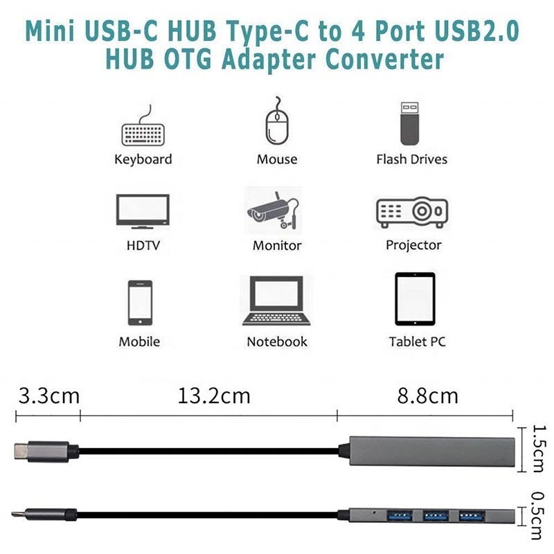 Interface de type C 4 en 1 4 ports Hub Type-C OTG vers USB 3.0 2.0 Adapteur alliage d'aluminium