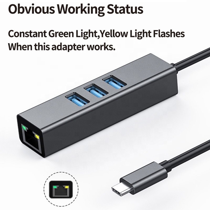 USB 3.1 de type C à 9 ports USB3.0 Hub avec Gigabit Ethernet RJ45 Adaptateur de port LAN Gris