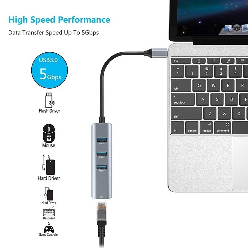 Interface USB 3.1 de type C à 9 ports Adaptateur USB A 3.0 avec carte réseau Ethernet Gigabit RJ45 Gris