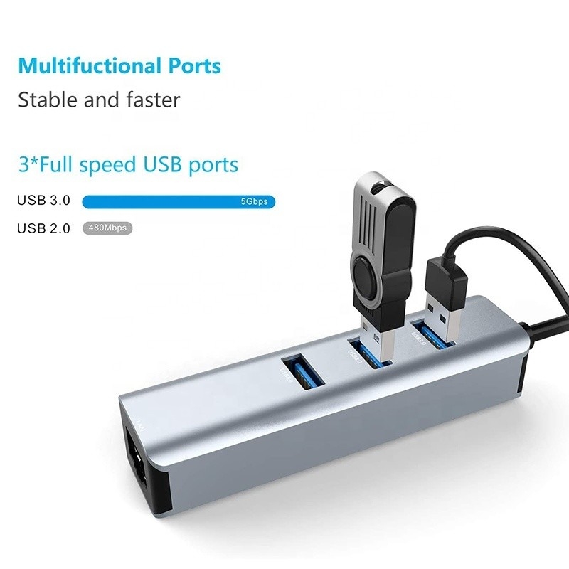 Interface USB 3.1 de type C à 9 ports Adaptateur USB A 3.0 avec carte réseau Ethernet Gigabit RJ45 Gris