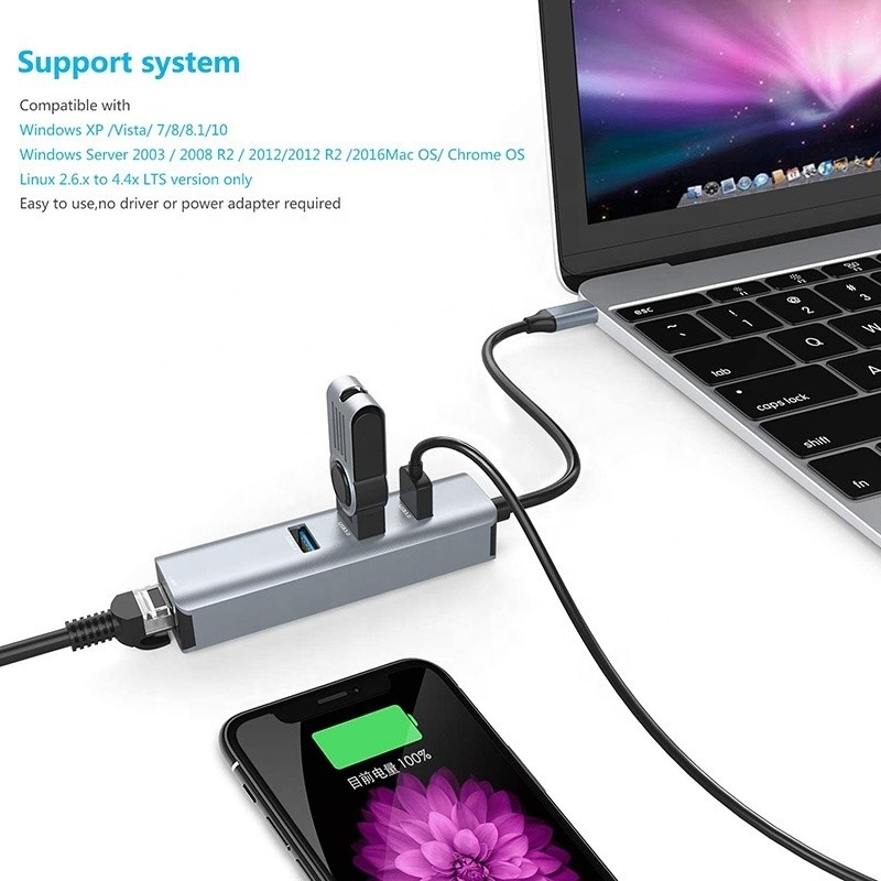 Interface USB 3.1 de type C à 9 ports Adaptateur USB A 3.0 avec carte réseau Ethernet Gigabit RJ45 Gris