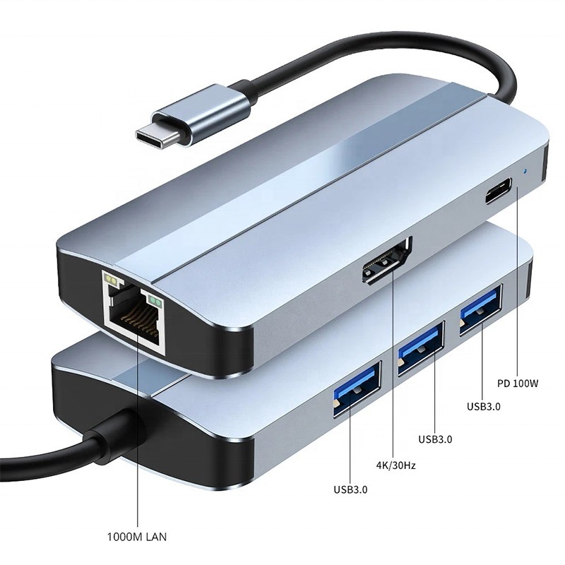 6 en 1 USB A Hub 4K HDMI USB3.0 RJ45 Adaptateur de charge PD à 1000 Mbps