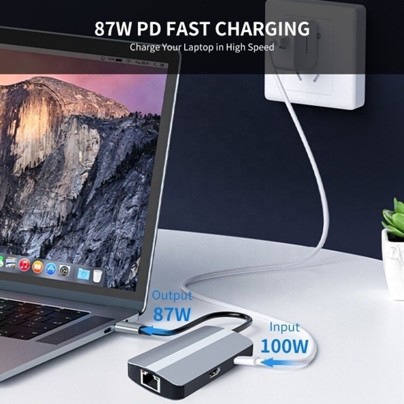 6 en 1 USB A Hub 4K HDMI USB3.0 RJ45 Adaptateur de charge PD à 1000 Mbps
