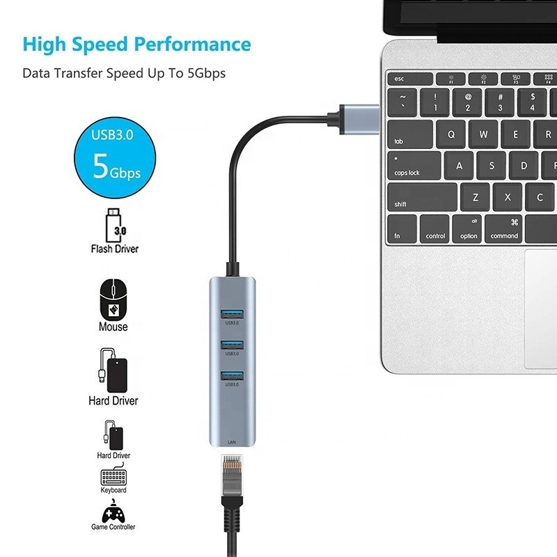 USB 3.0 à 6 ports USB Hub et adaptateur Ethernet 1000Mbps pour une compatibilité homme-femme