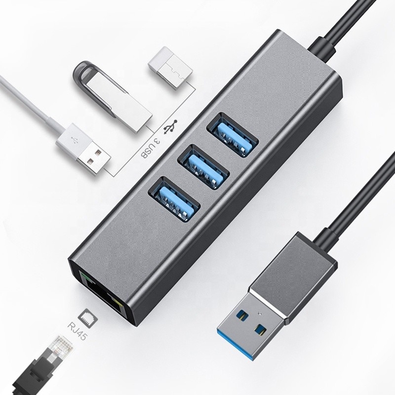 Hub USB3.0 gris et adaptateur LAN RJ45 avec 3 ports USB Carte réseau Gigabit Ethernet