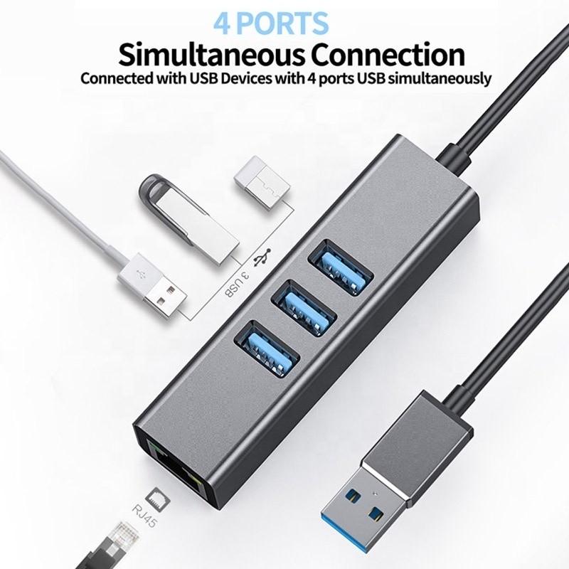 Hub USB3.0 gris et adaptateur LAN RJ45 avec 3 ports USB Carte réseau Gigabit Ethernet