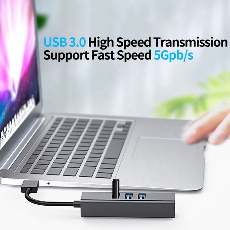 Hub USB3.0 gris et adaptateur LAN RJ45 avec 3 ports USB Carte réseau Gigabit Ethernet