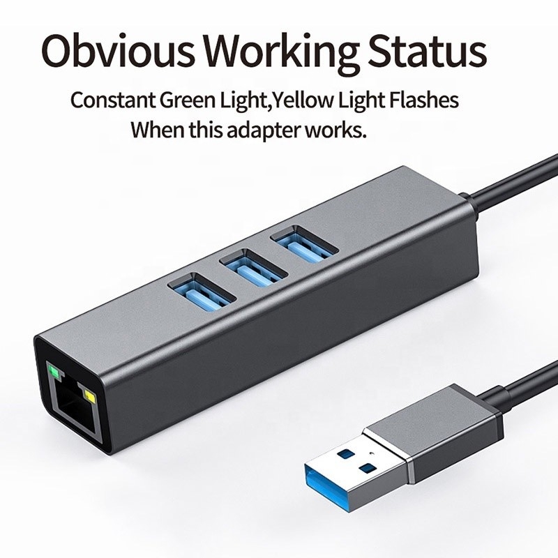 Hub USB3.0 gris et adaptateur LAN RJ45 avec 3 ports USB Carte réseau Gigabit Ethernet