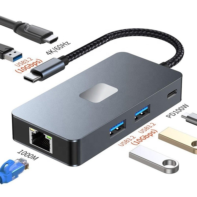 Adaptateur multiport 8 en 1 USB-C Hub avec HDMI 3 USB3.0 RJ45 et sortie PD 5 à 8 ports