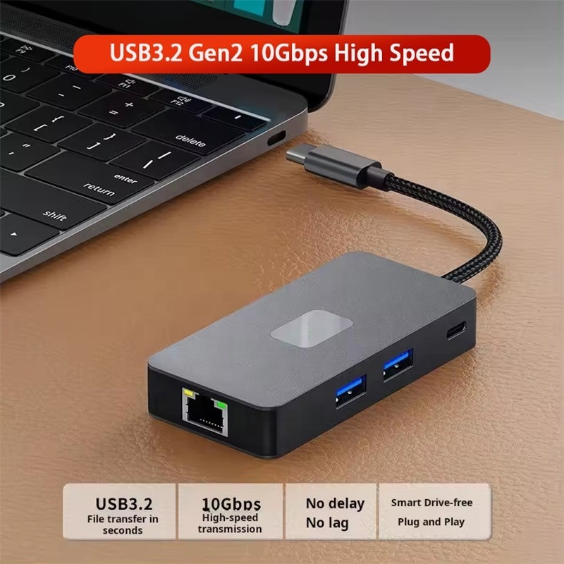 Adaptateur multiport 8 en 1 USB-C Hub avec HDMI 3 USB3.0 RJ45 et sortie PD 5 à 8 ports