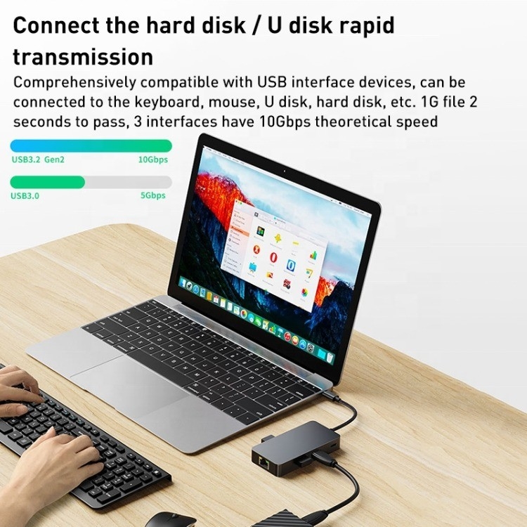 Adaptateur multiport 8 en 1 USB-C Hub avec HDMI 3 USB3.0 RJ45 et sortie PD 5 à 8 ports