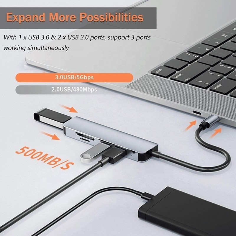 USB A/C Entrée USB 3.0 Adaptateur multiport de type C Station d'accueil avec lecteur de carte SD/TF