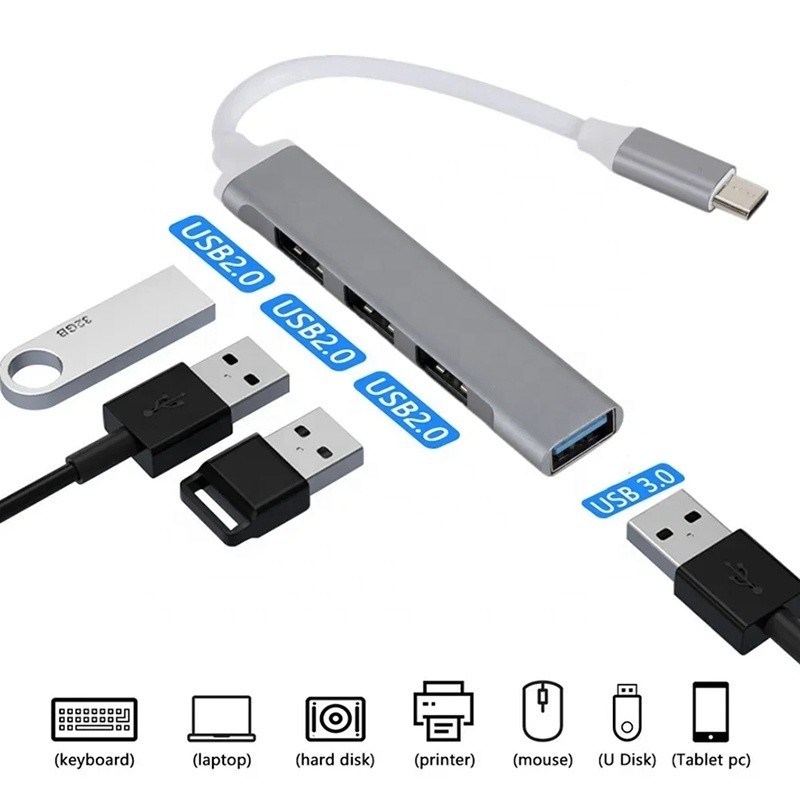 Aluminium 4 ports USB Type-C à USB 3.0 2.0 Data Hub pour le transfert de données à grande vitesse