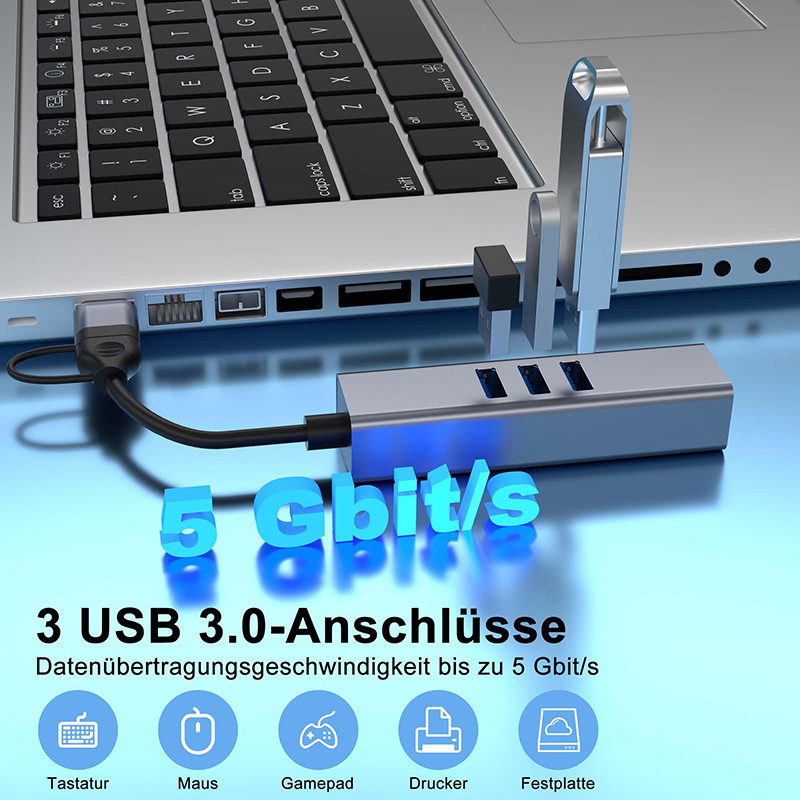 Adaptateur LAN USB de type C Hub USB C 6 en 2 avec 3 ports USB 3.0 et interface LAN RJ45 Gigabit