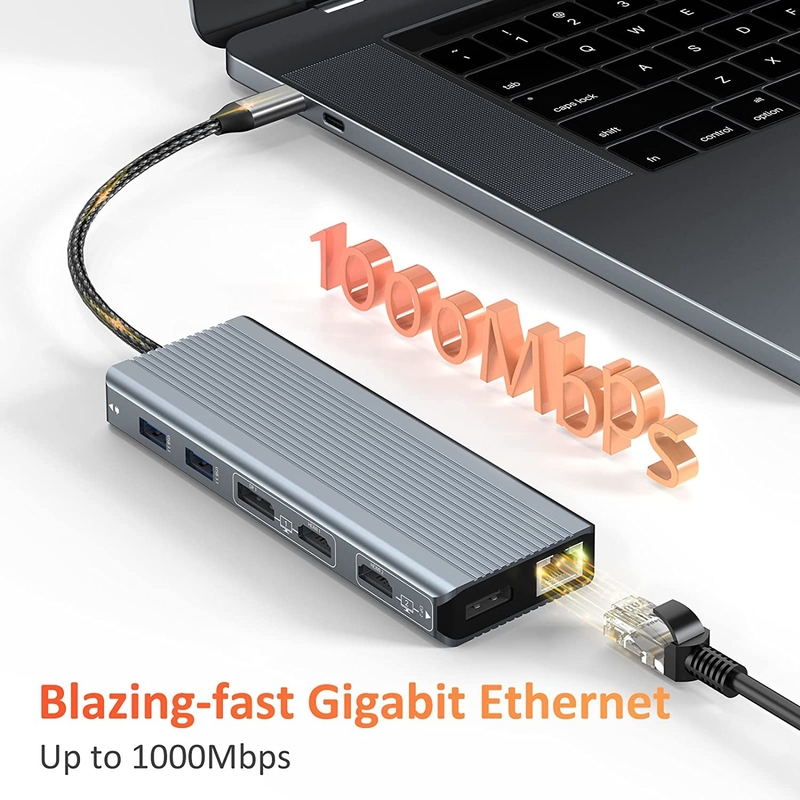 Interface USB 3.1 de type C à 9 ports Adaptateur USB A 3.0 avec carte réseau Ethernet Gigabit RJ45 Gris