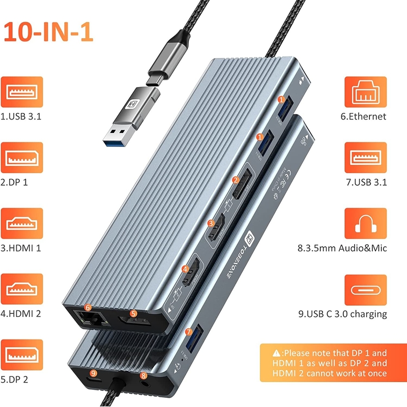 Interface USB 3.1 de type C à 9 ports Adaptateur USB A 3.0 avec carte réseau Ethernet Gigabit RJ45 Gris