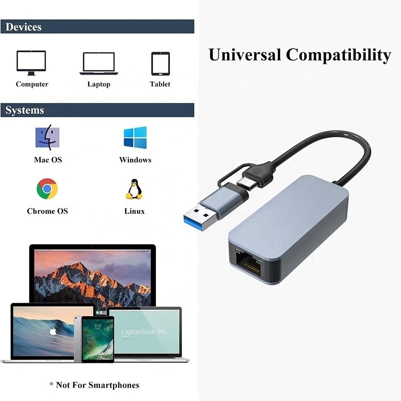 Adaptateur Ethernet USB 3.0 de type C en aluminium 2 en 1 pour une connexion réseau rapide et stable