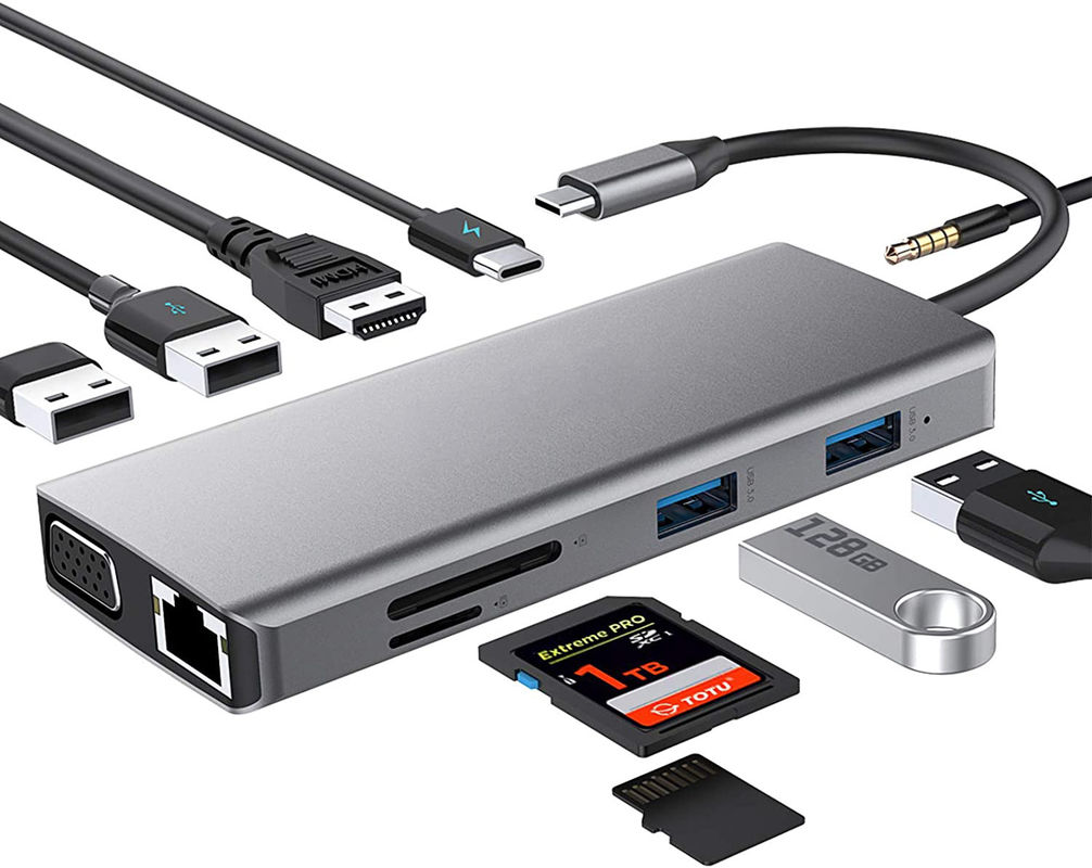 Hub USB C 10 en 1 vers double station d'accueil adaptateur 4K 60 Hz avec USB 3.0 Ethernet RJ45 1000 Mbps
